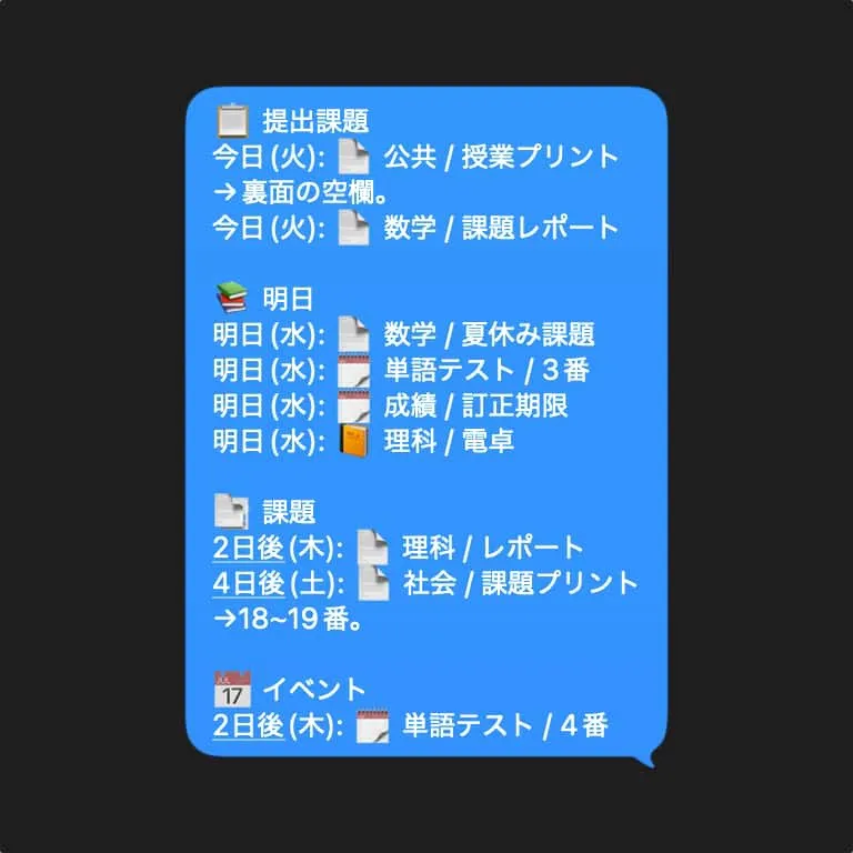 メッセージアプリのスクリーンショット。青い吹き出しの中には、持ち物が絵文字付きで羅列されている。持ち物名に加えて、期限までの日数が表示されている。