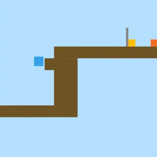 ゲームのスクリーンショット。水色の背景の上に、茶色の地面と黄色のチェックポイント、オレンジ色のマグマがあるステージの上に、青色のプレイヤーがいる。