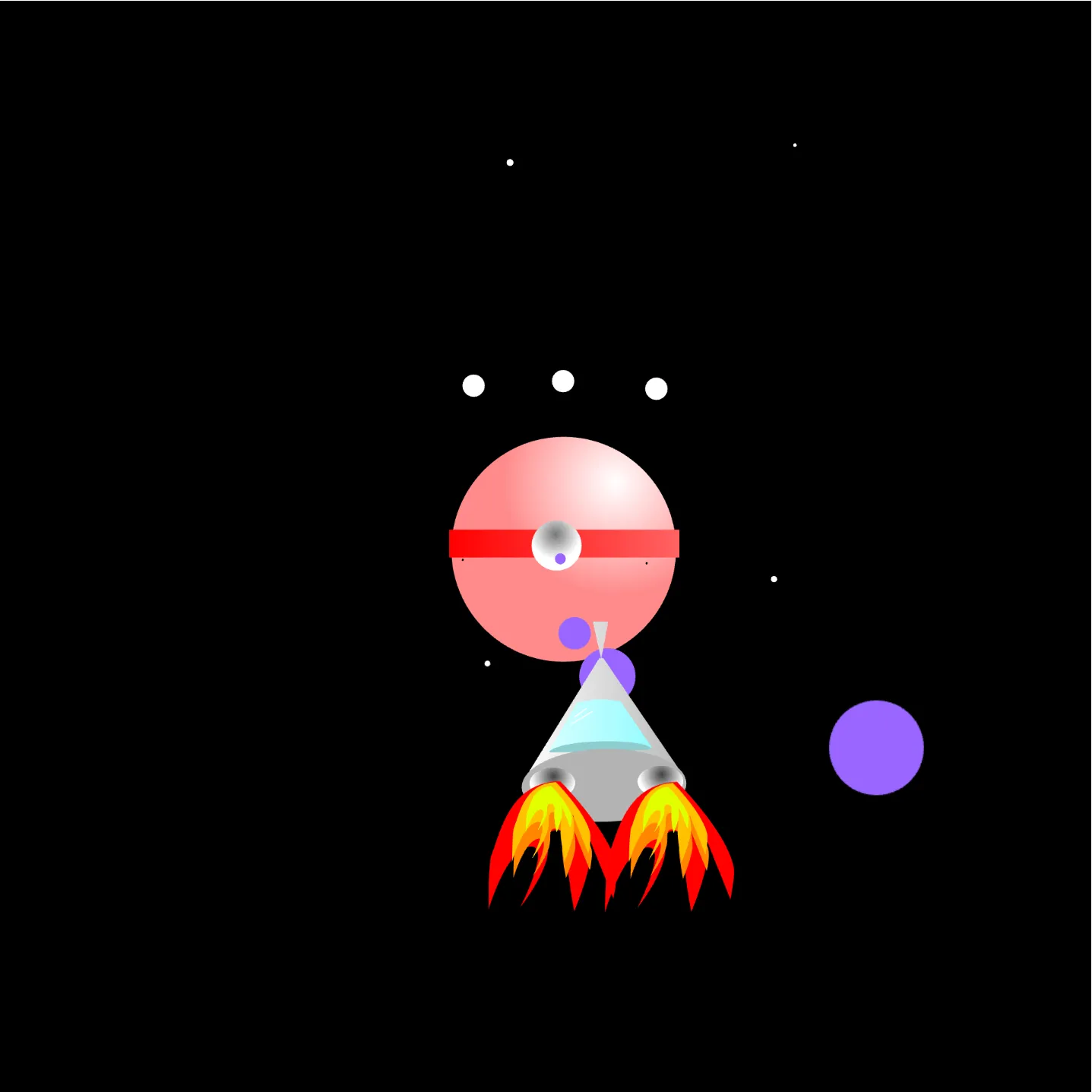 背景が黒い空間で、丸い形の敵に向かって眼の前の戦闘機が弾を発射している。敵の方からも戦闘機に向かって紫色の弾を発射している。