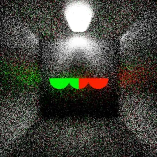 RC Tracing 0.0によってレンダリングされた画像。正方形の空間の中に、上から光が差している。中央には半円のマークが横に3つ並んでいる。