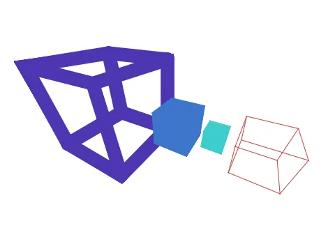 プログラムの画像。カラフルな大きさの異なる4つの立方体が並んでいる3D CG画像。
