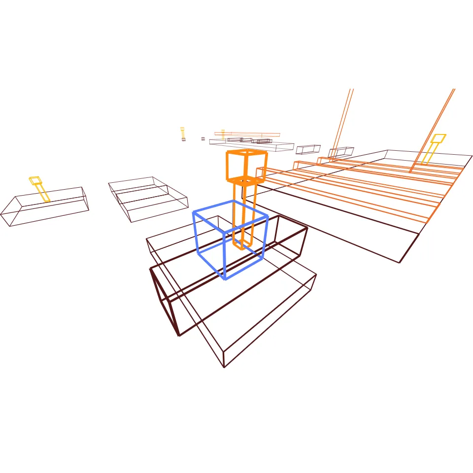 地面の茶色、マグマのオレンジ色、チェックポイントの黄色の輪郭からなるステージを、青色のプレイヤーが移動している。