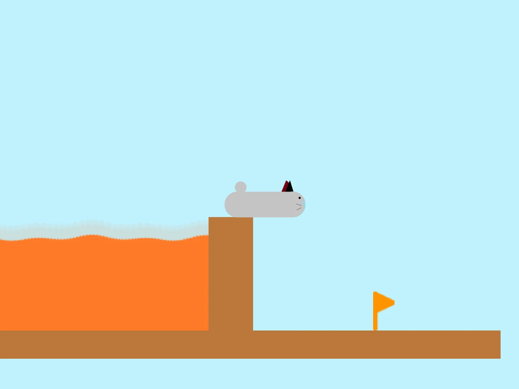 ゲーム画面のスクリーンショット。左側には溶岩が、右側には橙色の旗が表示されている。