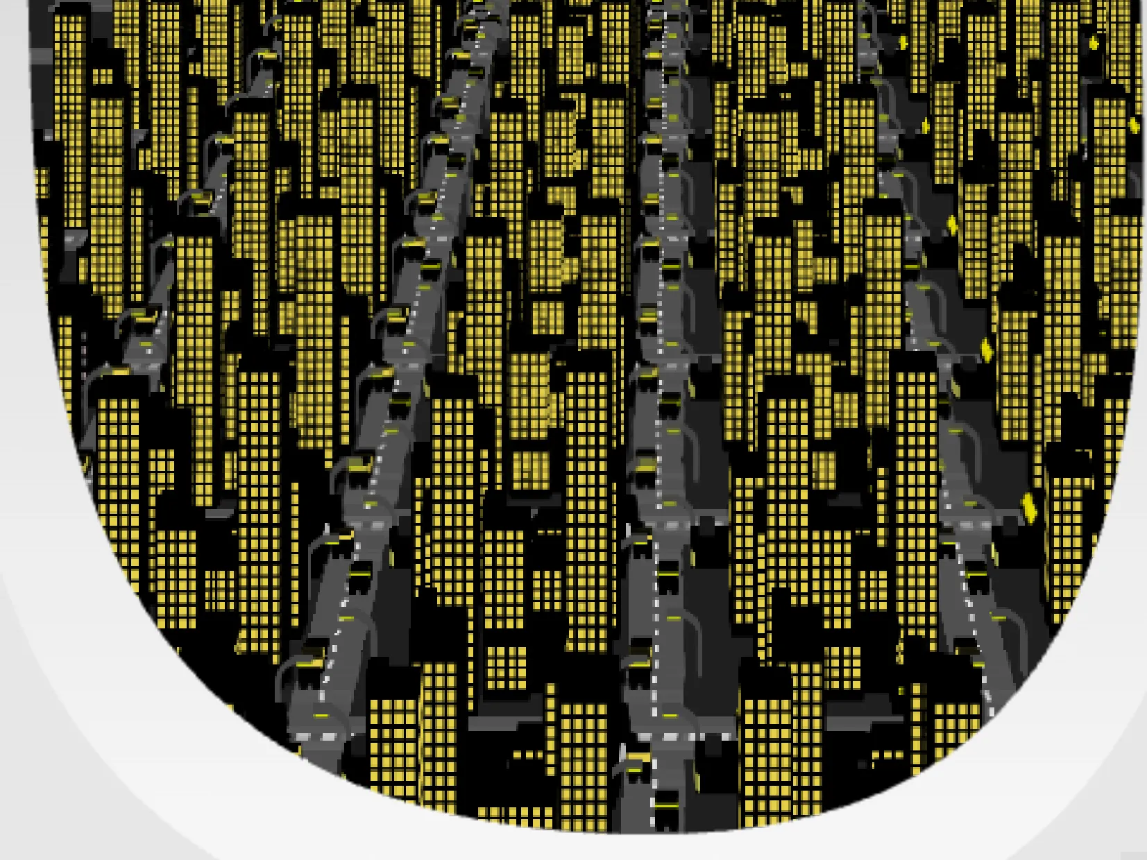 飛行機の窓から見た都会のイラスト。深夜の都会に、ビルのライトと道路のライトが3Dで表示されている。