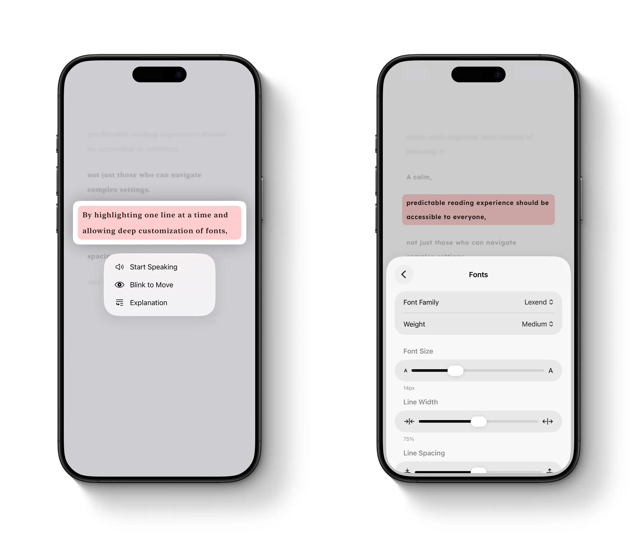 アプリが表示されたスマートフォンが横に2台並んでいる。左側は、一部のセンテンスが長押しされていて、下に「読み上げ」「まばたきで移動」「説明」のメニューが表示されている。右側の画面には、設定が下半分で開かれており、フォント設定、フォントサイズ、行間などの項目がある。上半分にはテキストが表示されている画面が見えている。