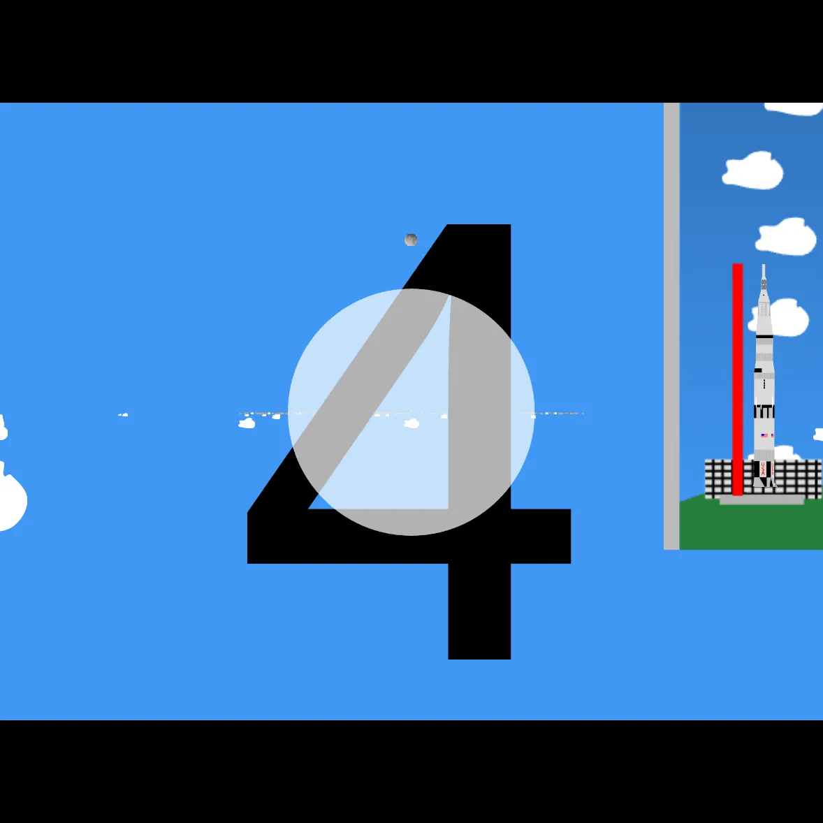 ゲームのスクリーンショット。空色の背景に、雲が3Dで表示されている。中央にはカウントダウンのタイマーが表示されている。画面の右側には、現在ロケットがどの位置を飛んでいるかを、横から示す縮図が表示されている。