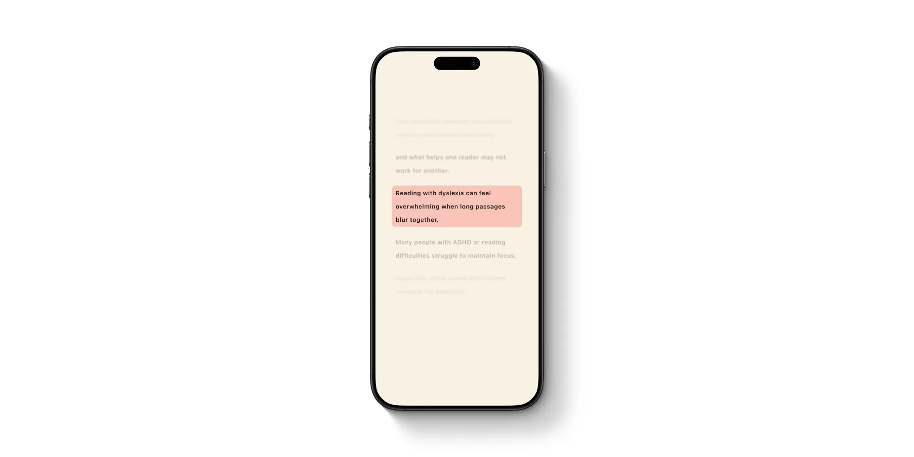 アプリが表示されているスマートフォンが表示されている。アプリにはテキストの一部のセンテンスがハイライトされており、その前後の文章が薄く表示されている。アプリの背景はクリーム色で、テキストは黒色、ハイライト色は赤色。