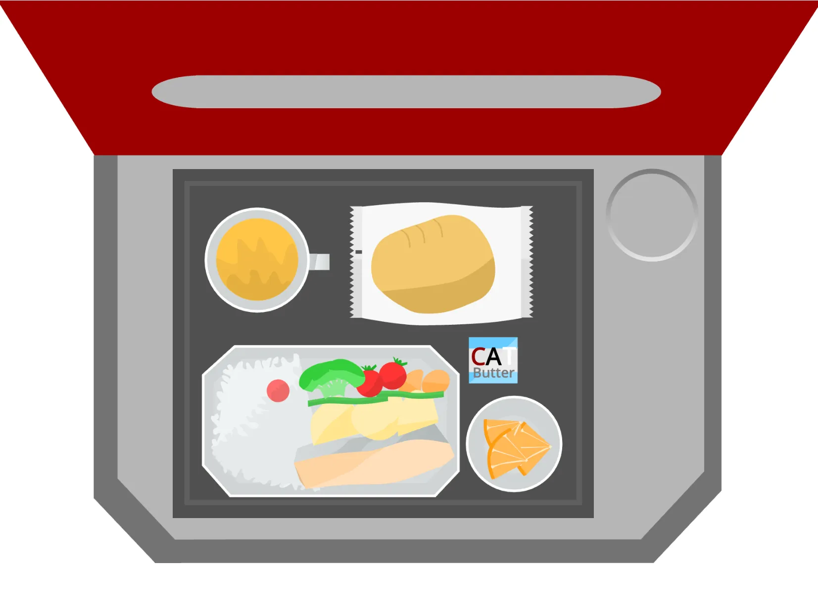 上からの視点の、機内食のベクター風イラスト。飛行機のエコノミークラスのテーブルの上に、機内食が出ている。鮭とご飯ブロッコリーとトマトなどが描かれている。