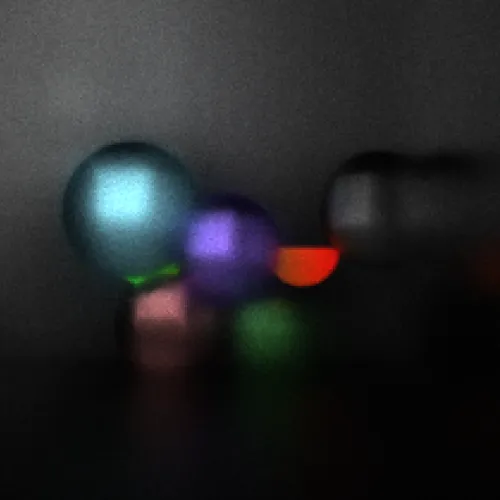 RC Tracing 2.1によってレンダリングされた画像。5つのカラフルなアルミのような素材でできた球体に、斜め上から光が当たっている。