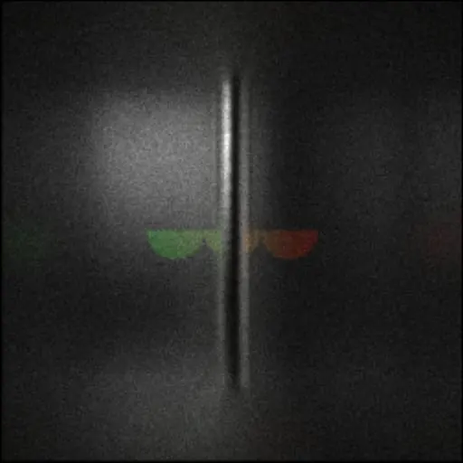 RC Tracingによってレンダリングされた画像。正方形の空間の中に、円柱の柱が立っている。