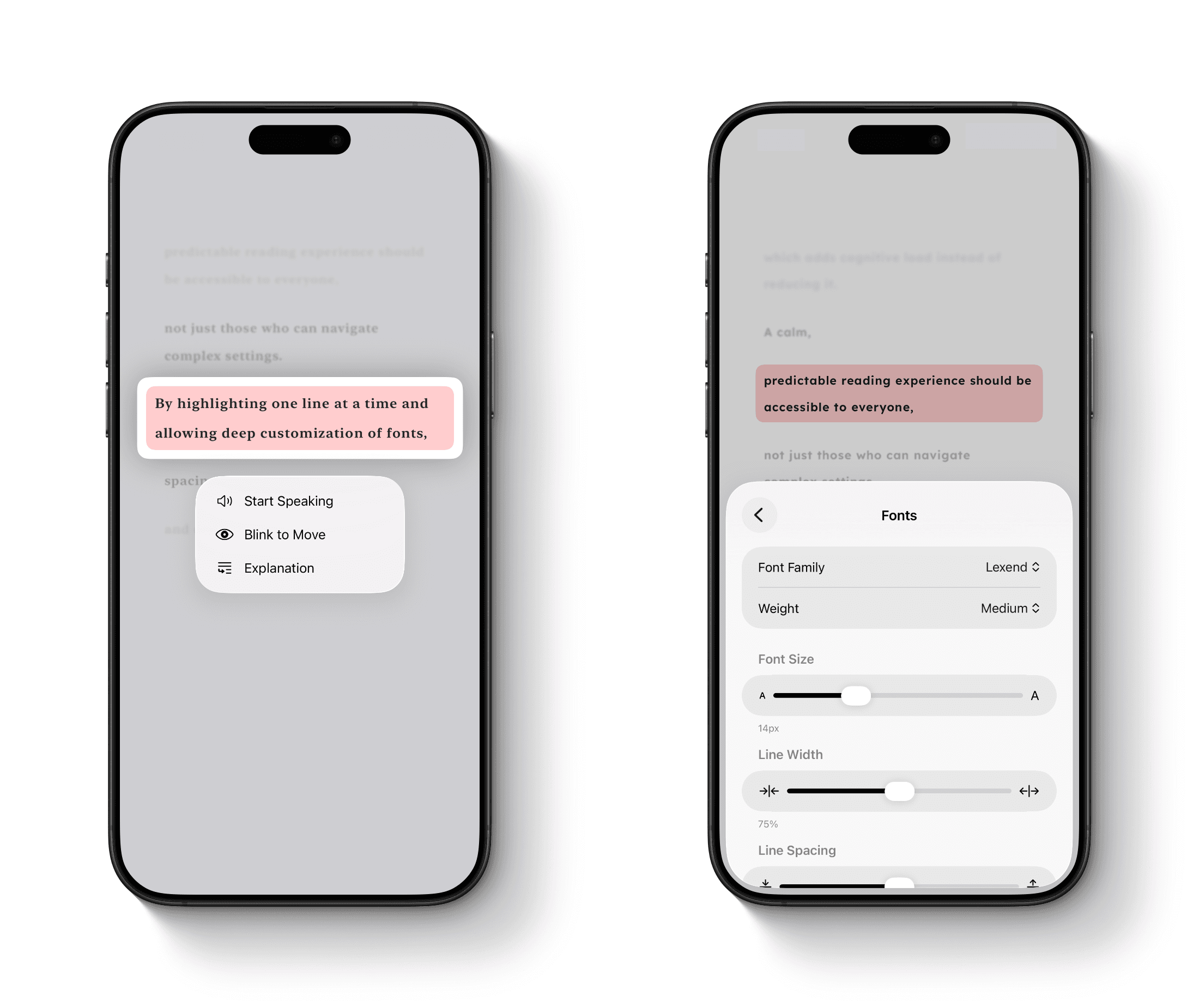アプリが表示されたスマートフォンが横に2台並んでいる。左側は、一部のセンテンスが長押しされていて、下に「読み上げ」「まばたきで移動」「説明」のメニューが表示されている。右側の画面には、設定が下半分で開かれており、フォント設定、フォントサイズ、行間などの項目がある。上半分にはテキストが表示されている画面が見えている。