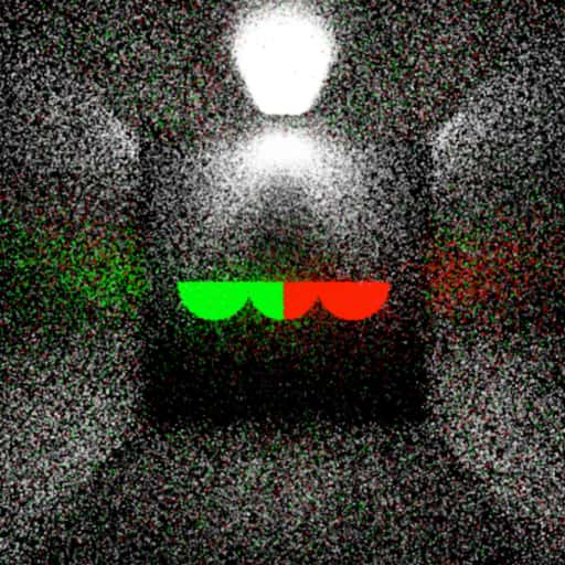An image rendered by RC Tracing 0.0, showing light entering from above in a square room with three semicircular shapes in the center.