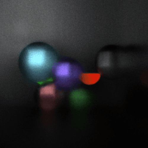An image rendered by RC Tracing 2.1 showing five colorful aluminum-like spheres lit from above at an angle.