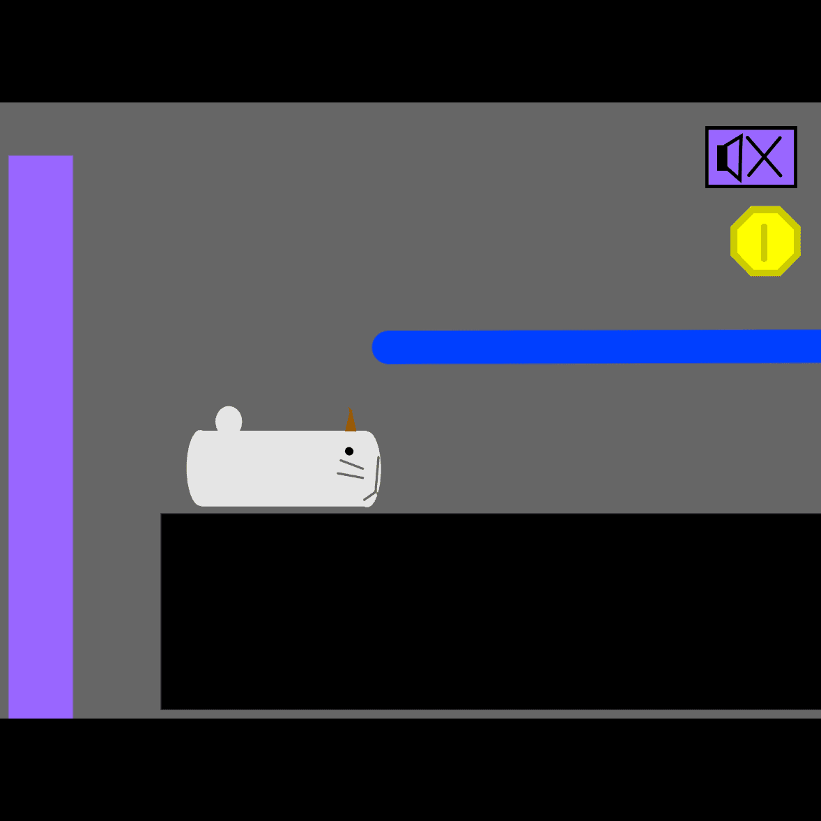 灰色の背景の上に、黒色の平面のステージがある。その上に青色の棒があるその棒の上には黄色のコインがある。